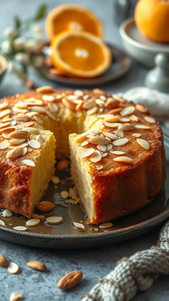 A slice of almond cake topped with slivered almonds and surrounded by fresh oranges.