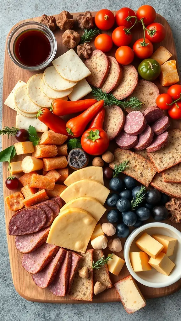 A colorful charcuterie board featuring various cheeses, meats, vegetables, and nuts.