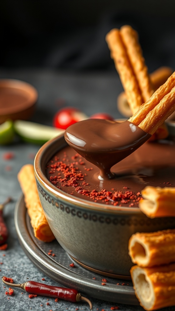 Bowl of spicy chocolate fondue with churros and chili powder