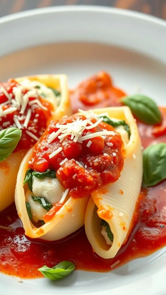 Stuffed pasta shells filled with cheese and spinach, topped with marinara sauce and fresh basil.