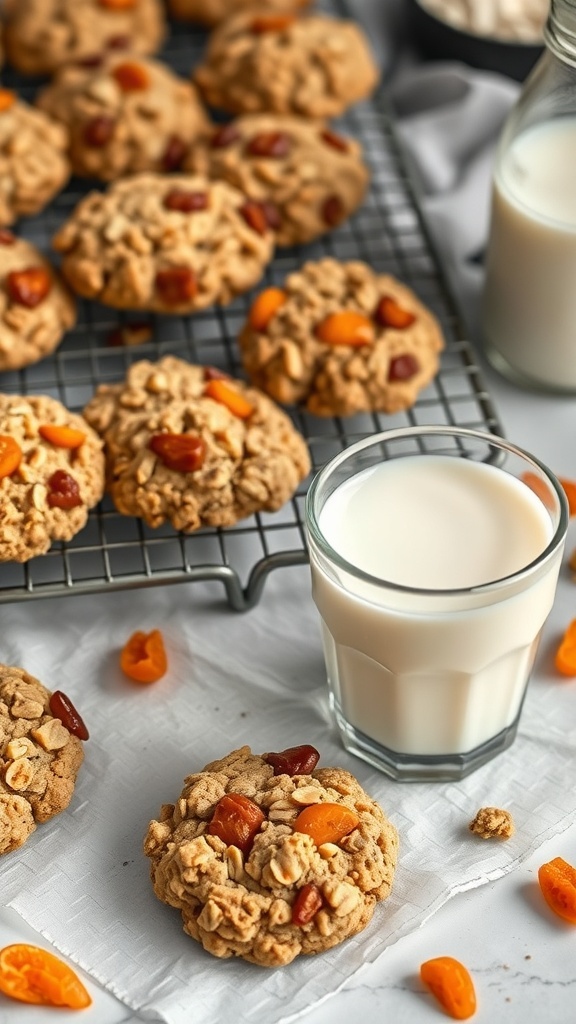 A tray of apricot oatmeal cookies with a glass of milk
