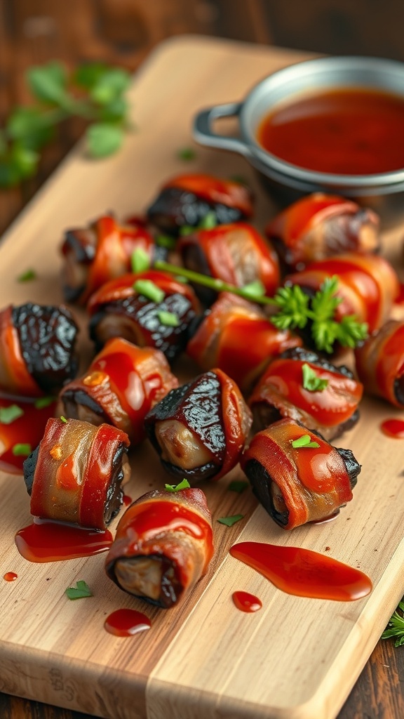 Sweet and spicy BBQ bacon-wrapped dates on a wooden board with BBQ sauce