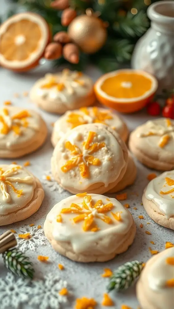 A plate of orange blossom ricotta cookies decorated with icing and orange zest, surrounded by festive decorations.