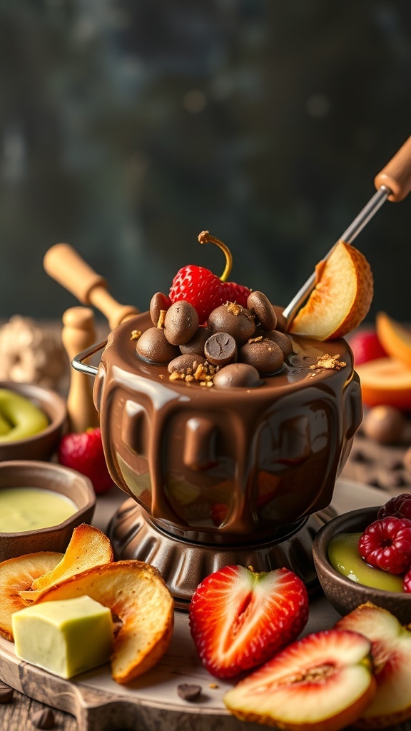 A pot of chocolate fondue surrounded by fresh fruits and matcha chocolate pieces