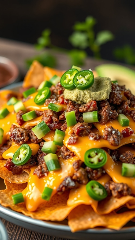 A plate of carnitas nachos topped with jalapeños, cheese, and green onions.