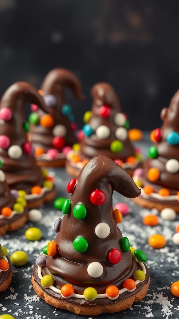 A close-up of witch hat cookies decorated with colorful candies on a dark background.