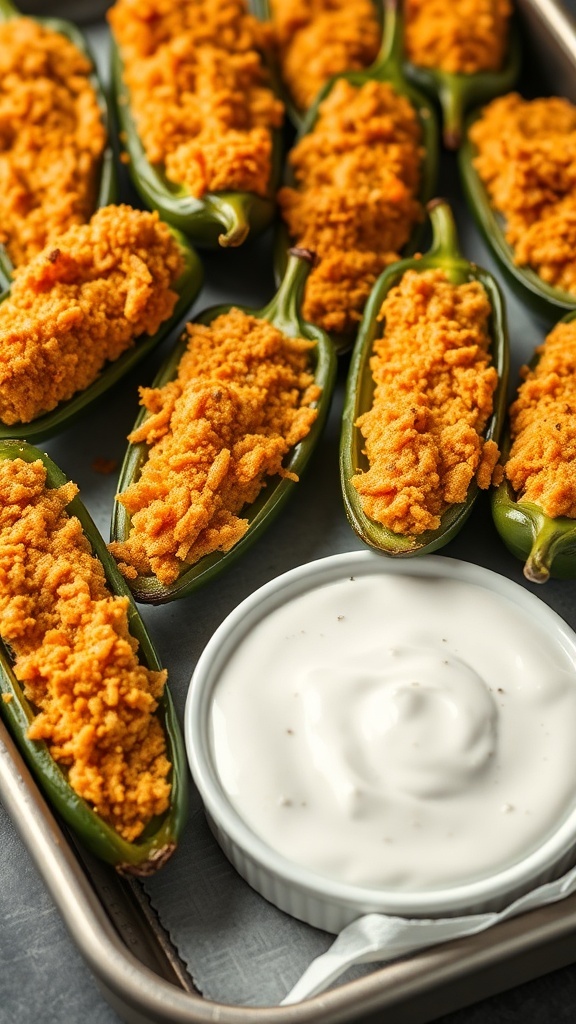 Tray of stuffed jalapeño poppers with a bowl of ranch dressing
