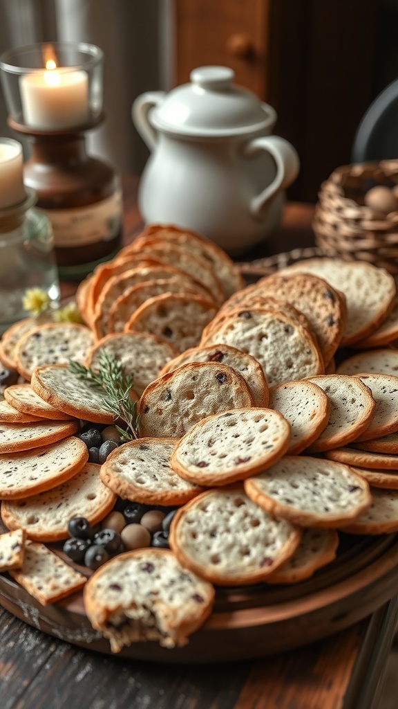 A beautifully arranged fall charcuterie board featuring artisan bread, assorted crackers, fresh herbs, and seasonal fruits.