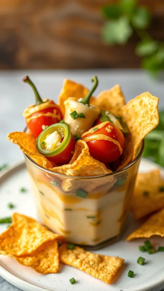 A glass cup filled with spicy jalapeños, cherry tomatoes, creamy cheese, and tortilla chips.