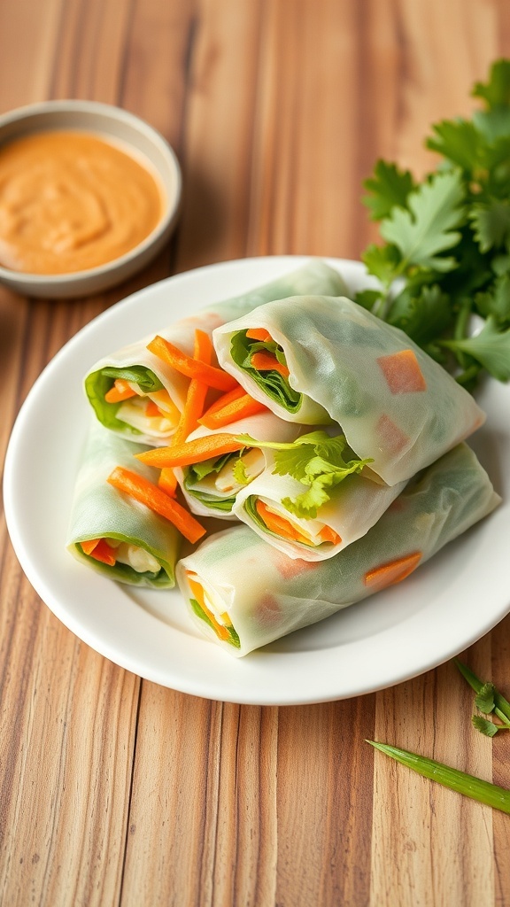 Plate of vegetable spring rolls with dipping sauce