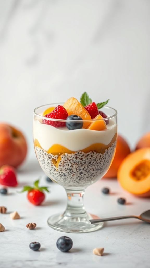 A glass of apricot chia pudding topped with berries and fresh apricot slices, surrounded by whole apricots.