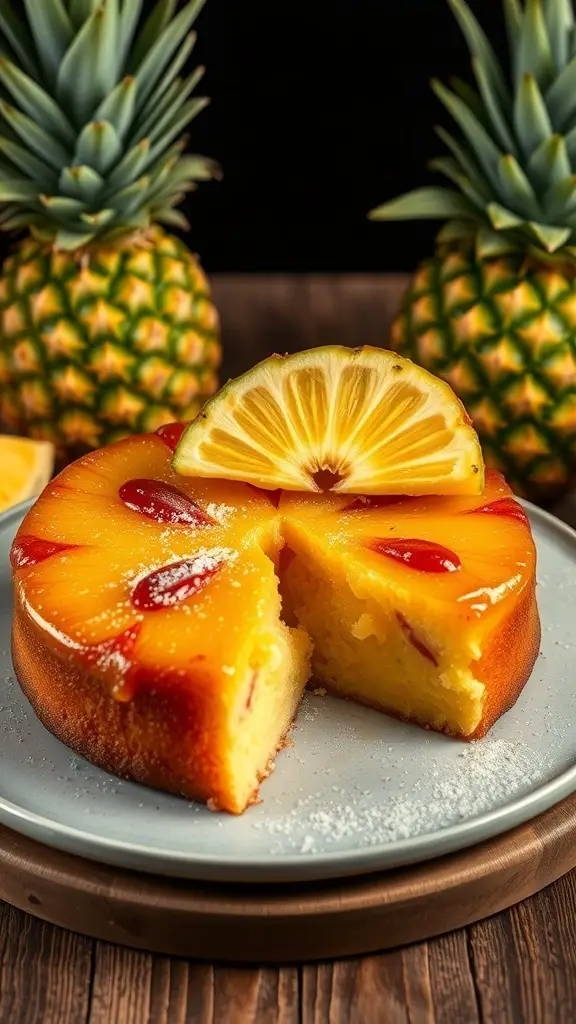 A delicious Pineapple Upside Down Cake with slices of pineapple and cherries on top, surrounded by fresh pineapples.