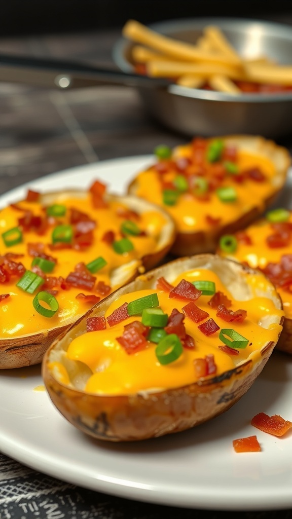 Plate of cheesy BBQ bacon potato skins topped with green onions and bacon bits.