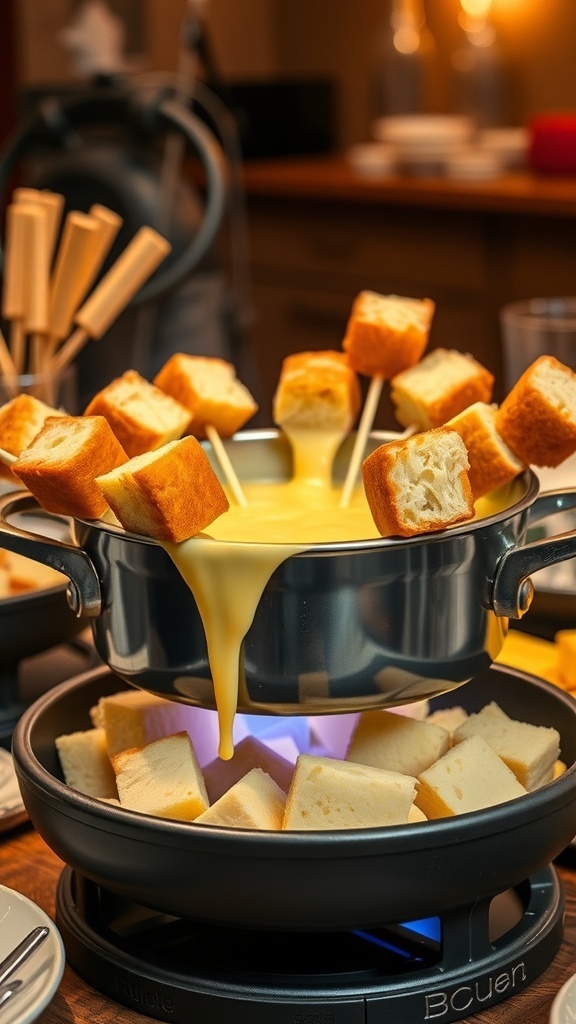 A pot of melted cheese fondue with bread cubes for dipping.