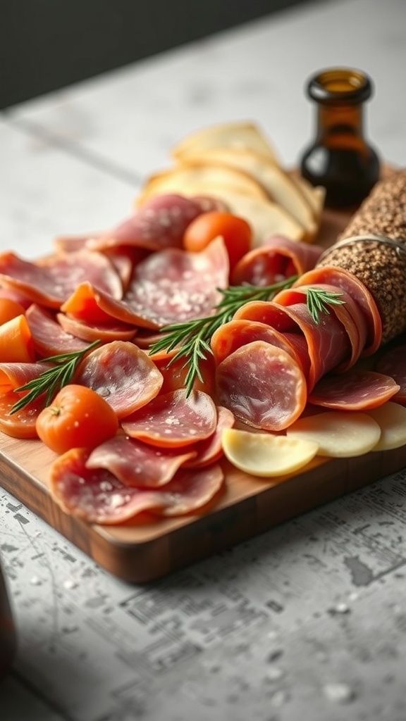 A beautifully arranged charcuterie board featuring artisan meats, cheeses, and garnishes.