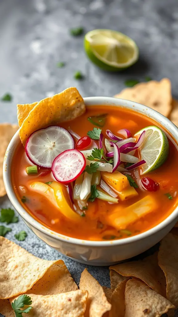 A bowl of vegetarian pozole with hominy, garnished with radishes, cilantro, and lime, with tortilla chips on the side.