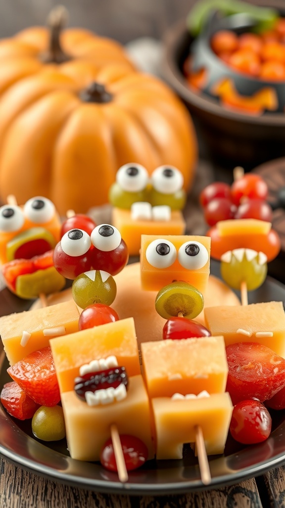 A plate of colorful monster fruit kabobs with candy eyes, surrounded by a pumpkin and Halloween-themed decorations.