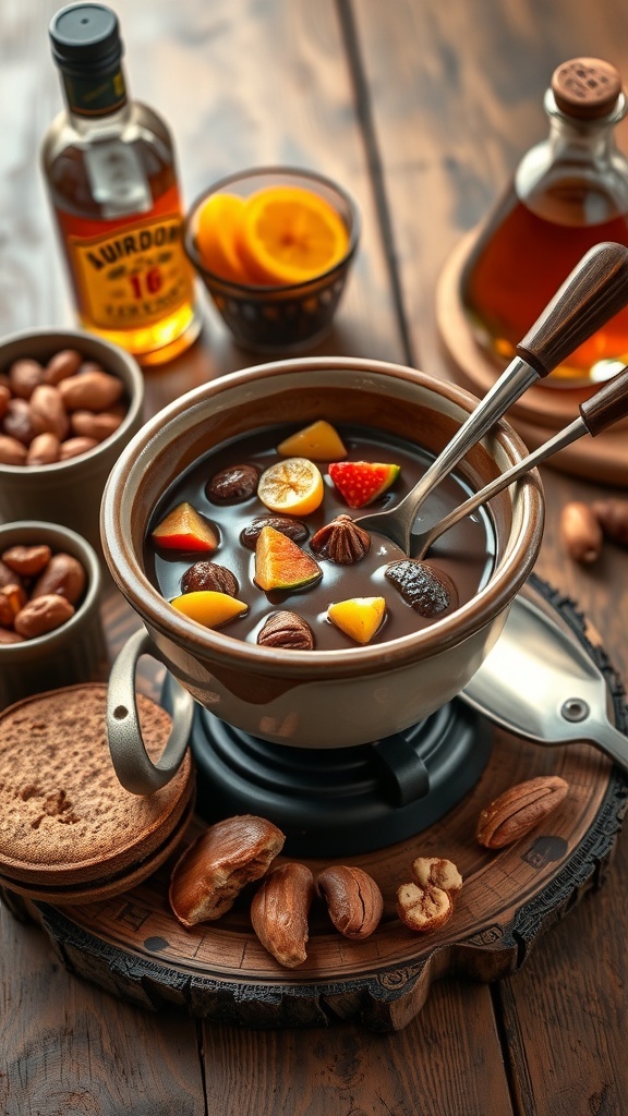 A bowl of bourbon chocolate fondue surrounded by fresh fruits, cookies, and nuts.