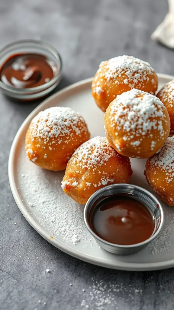 A plate of fried zeppole dusted with powdered sugar, accompanied by chocolate sauce.