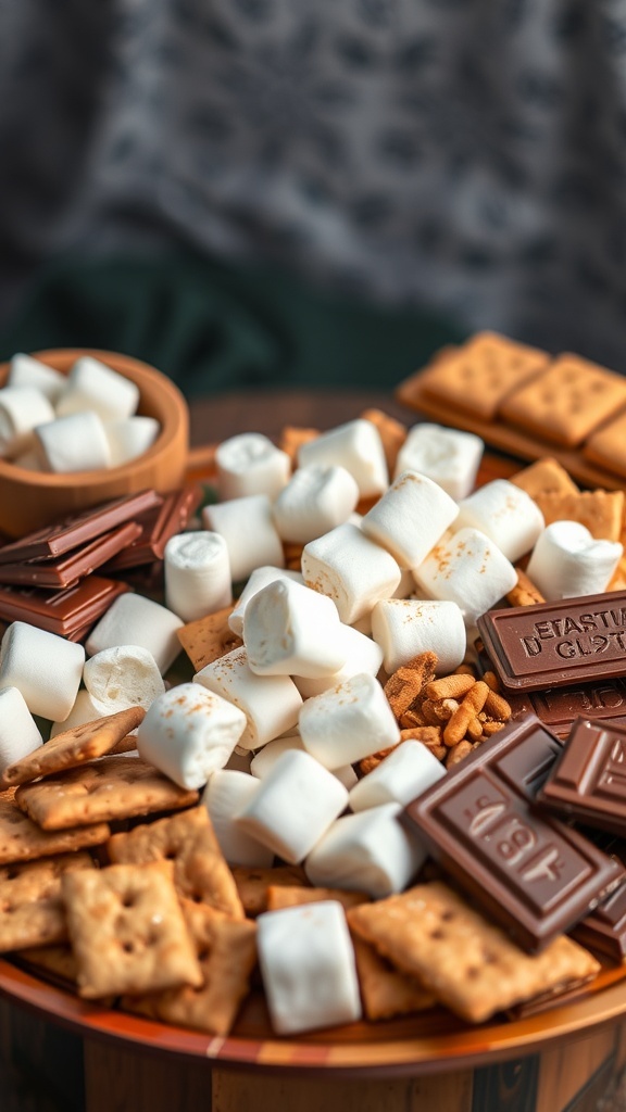 A variety of ingredients for a homemade marshmallow and s'mores station, including marshmallows, graham crackers, and chocolate.