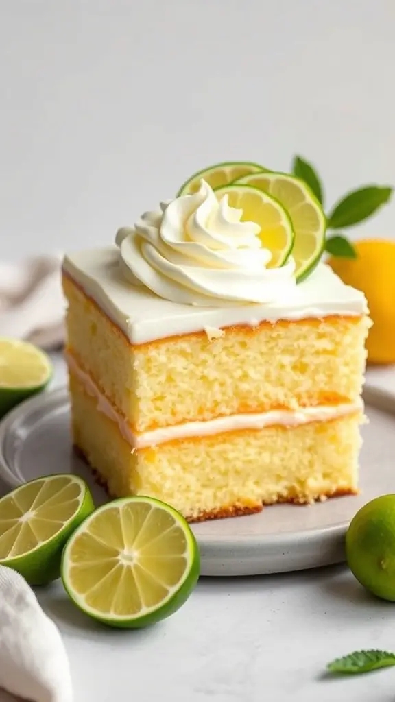 A slice of Lemon-Lime Tres Leches cake topped with whipped cream and lime slices, surrounded by fresh limes.