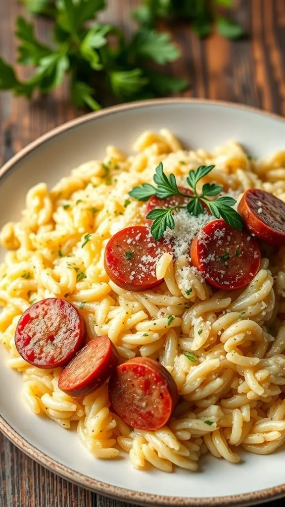 A plate of creamy Italian sausage risotto with slices of sausage and herbs on top.