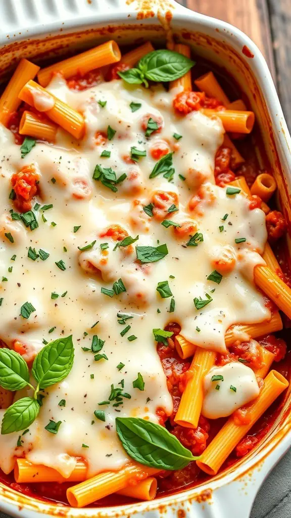 A delicious baked ziti dish topped with melted mozzarella cheese and fresh basil.