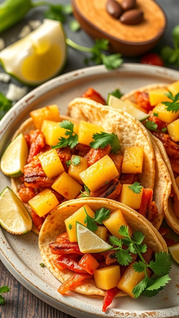 A plate of Tacos al Pastor topped with pineapple, cilantro, and lime wedges.