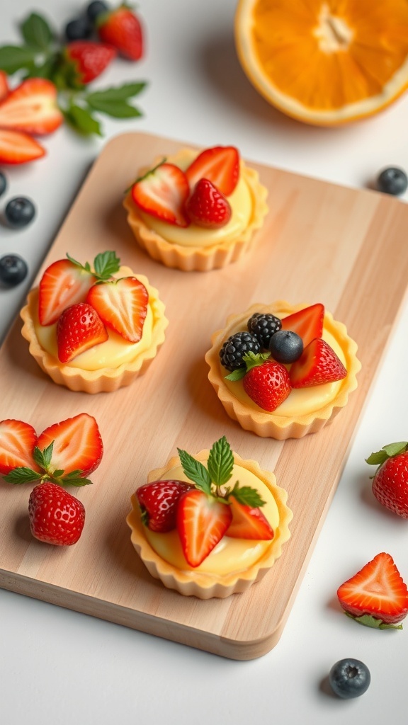 Colorful seasonal fruit tartlets topped with strawberries, blueberries, and blackberries on a wooden board.