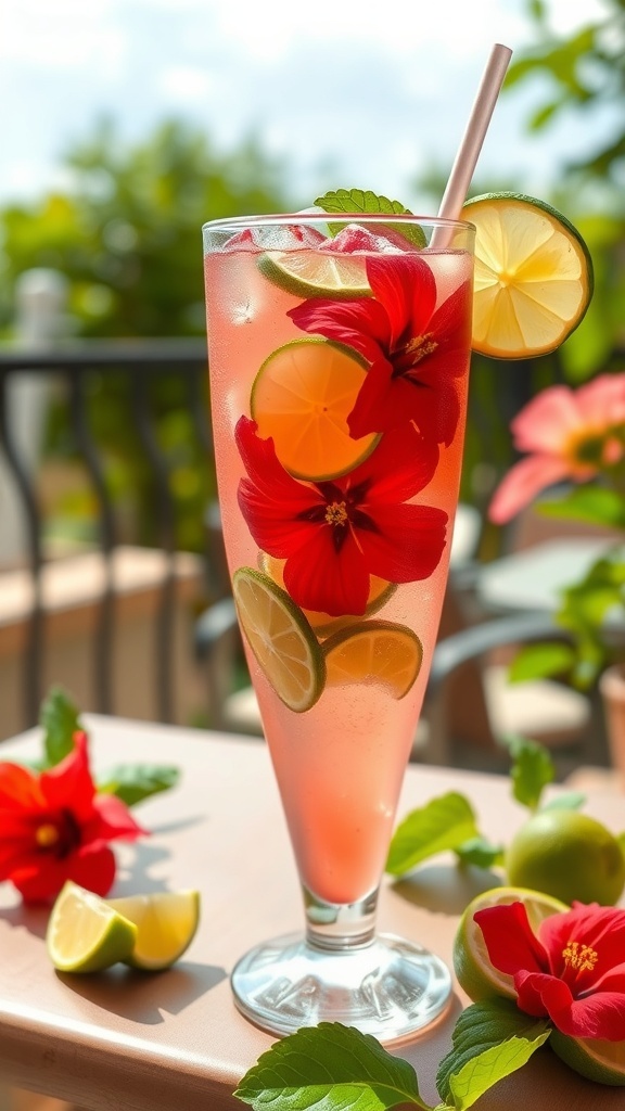 A refreshing glass of Agua Fresca de Jamaica with hibiscus flowers and lime