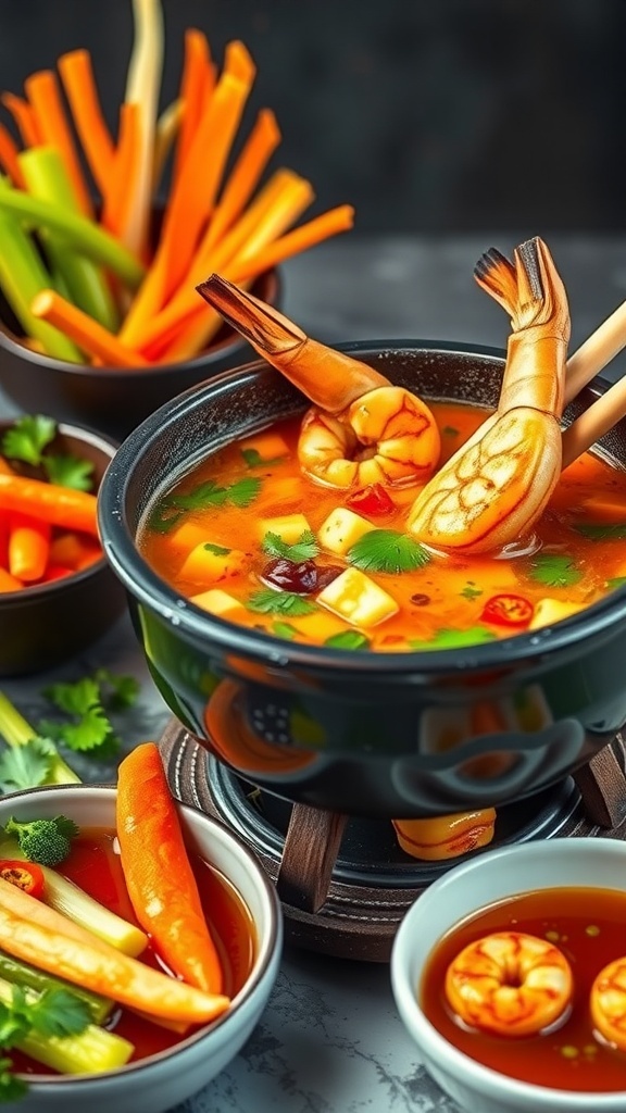 A bowl of spicy Thai coconut broth with shrimp, surrounded by fresh vegetables.