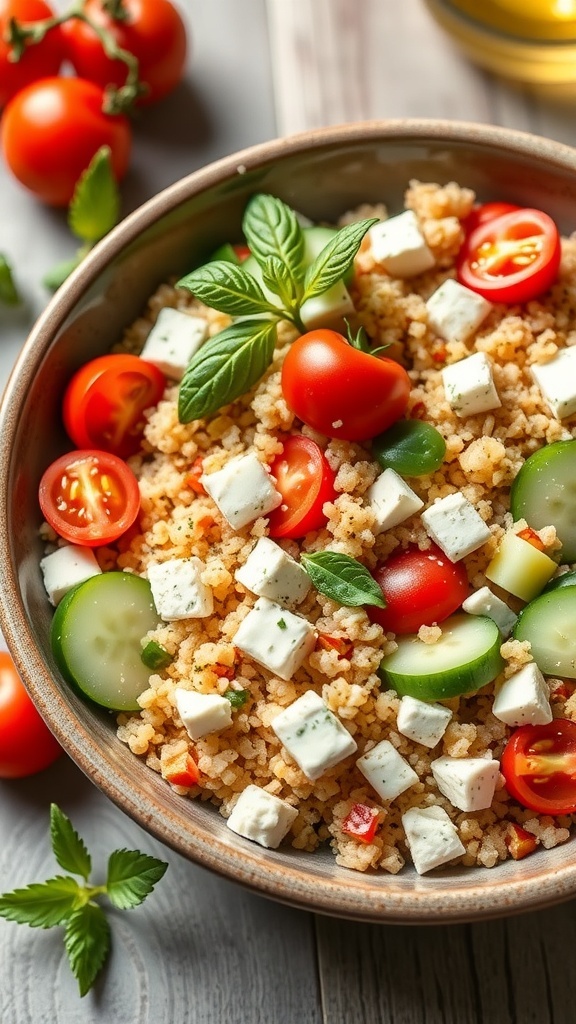 A bowl of Mediterranean quinoa salad with cherry tomatoes, cucumbers, and feta cheese.
