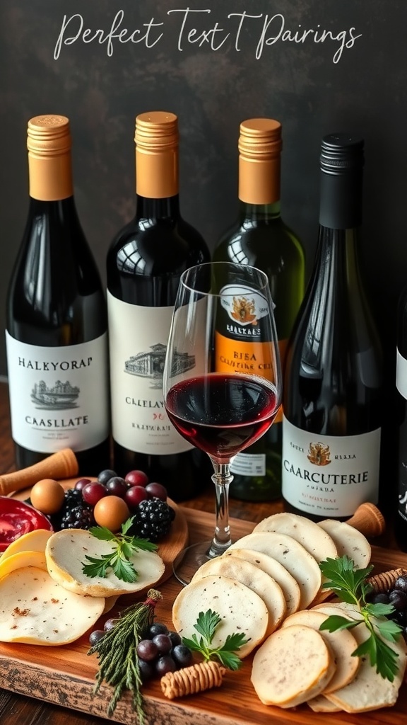 A selection of wines paired with a charcuterie board featuring cheeses, fruits, and garnishes.