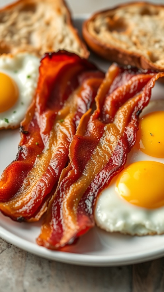 Crispy air fryer bacon served with eggs and toast on a plate.