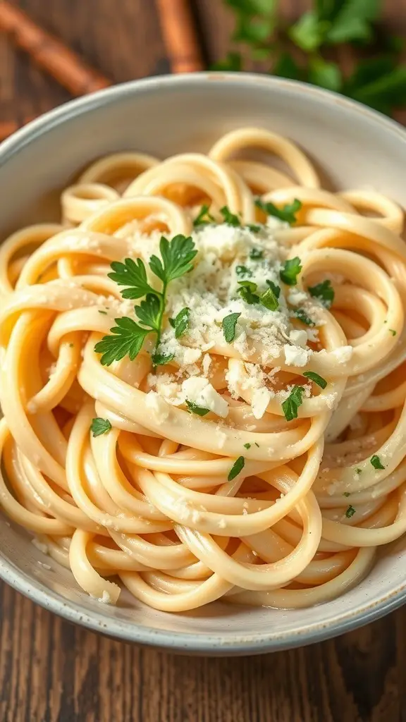 A bowl of Fettuccine Alfredo topped with Parmesan and parsley
