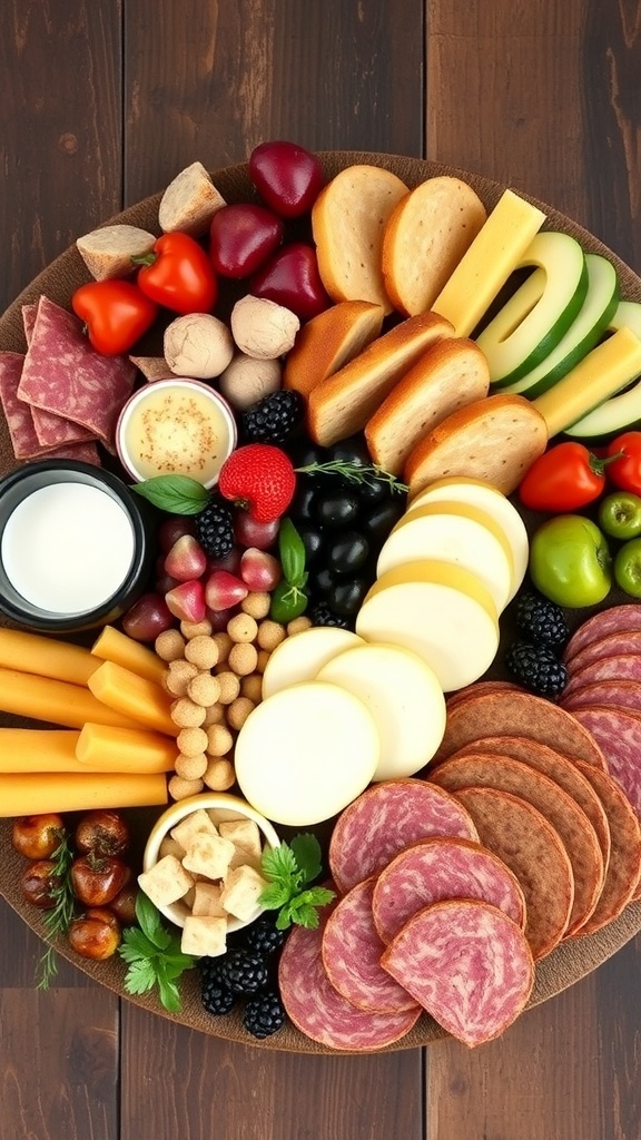 A budget-friendly charcuterie board featuring various meats, cheeses, fruits, and homemade crackers.
