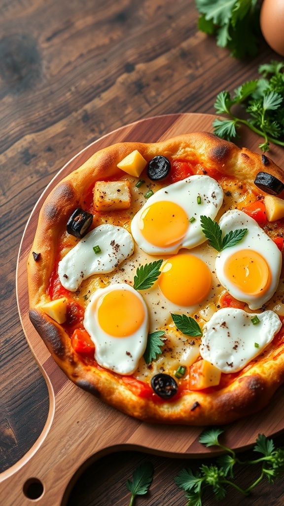 A delicious breakfast pizza topped with eggs, vegetables, and herbs, served on a wooden board.