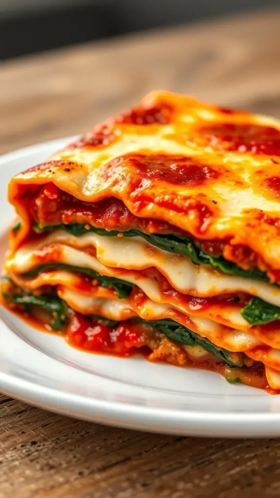 A close-up of a slice of vegetable lasagna with layers of cheese, spinach, and tomato sauce on a white plate.