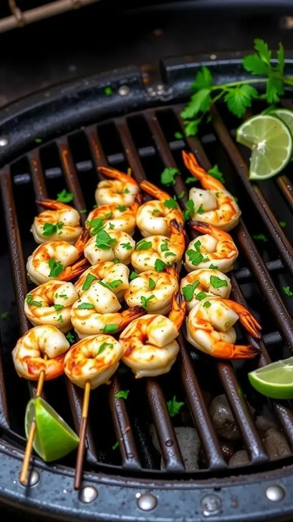 Grilled tequila lime shrimp skewers on a grill with lime wedges and cilantro