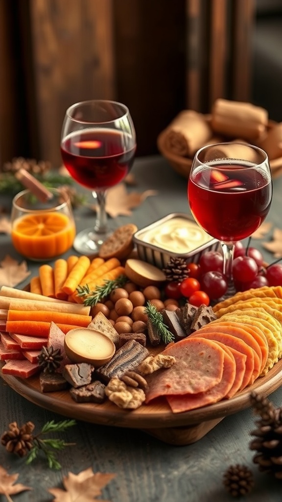 A fall charcuterie board with seasonal beverages, featuring cheeses, meats, fruits, and nuts.