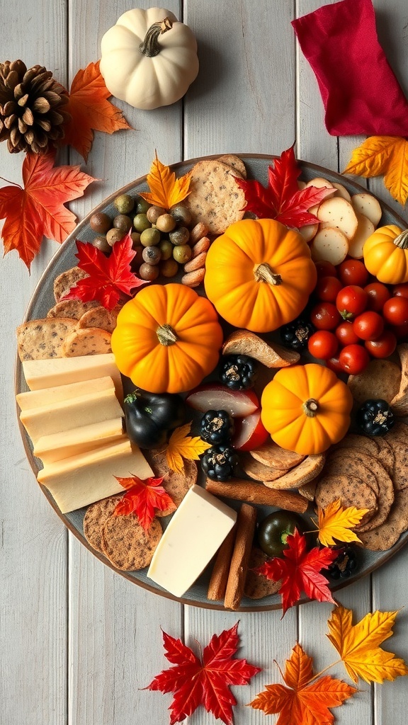 A fall charcuterie board featuring mini pumpkins, colorful leaves, cheeses, meats, and crackers.