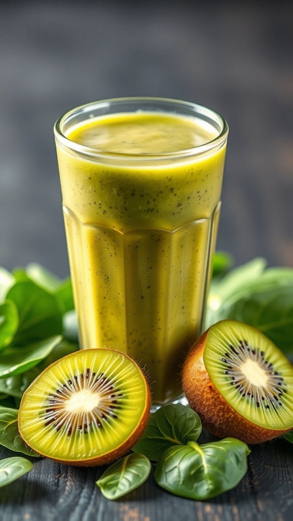 A glass of kiwi and spinach smoothie with sliced kiwis on the side.