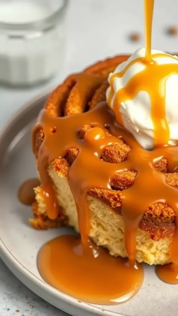 A close-up of a cinnamon roll cake topped with dulce de leche and whipped cream.