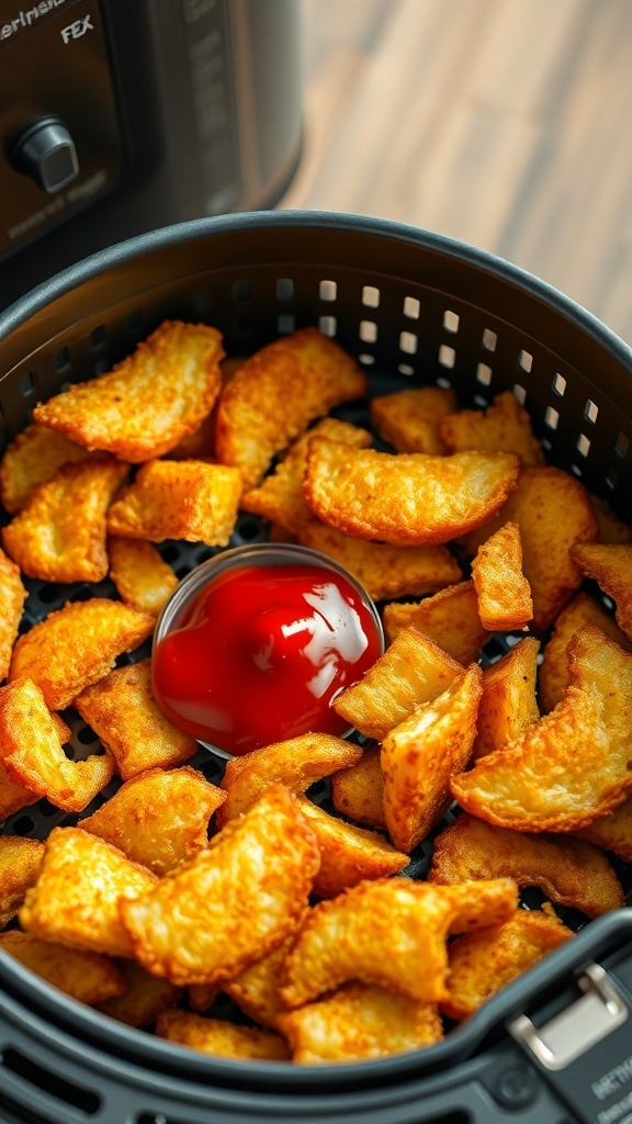 A basket of golden air fryer hash browns with a small bowl of ketchup in the center.