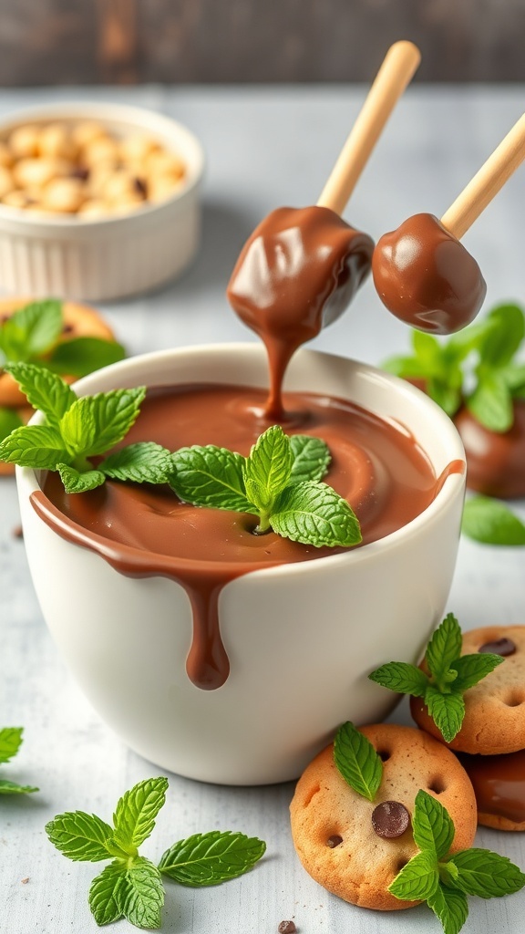 Mint Chocolate Fondue with mint leaves and cookies for dipping.
