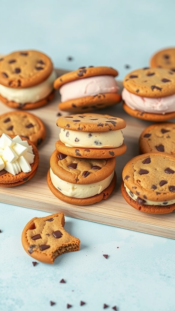 A variety of gourmet ice cream sandwiches made with chocolate chip cookies and different ice cream flavors.