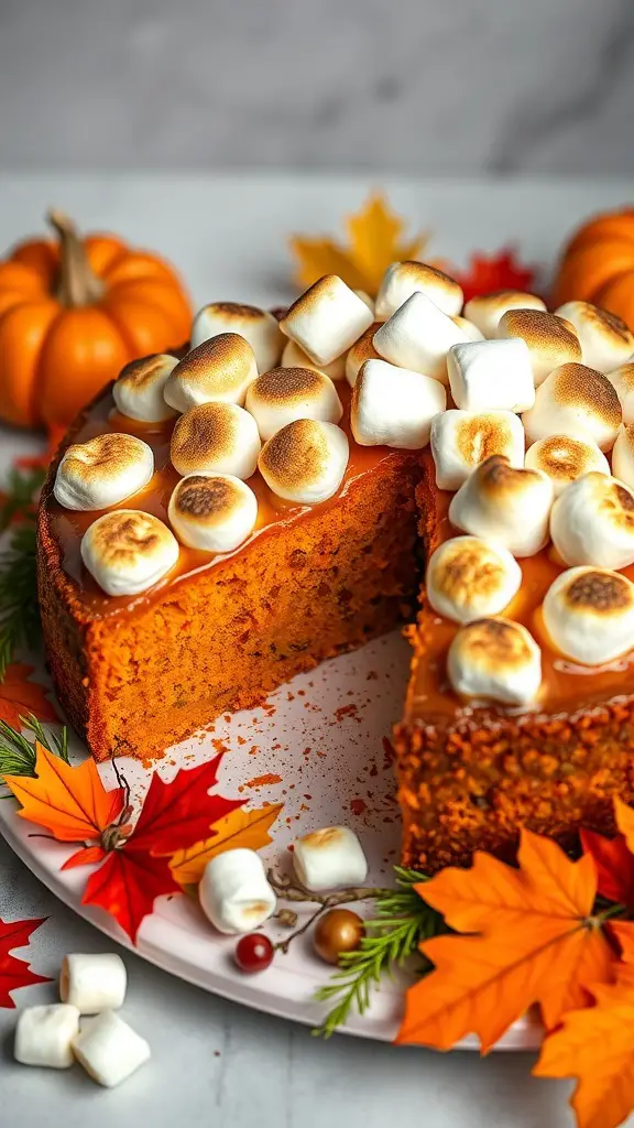 Sweet potato cake topped with toasted marshmallows, surrounded by autumn leaves and pumpkins.