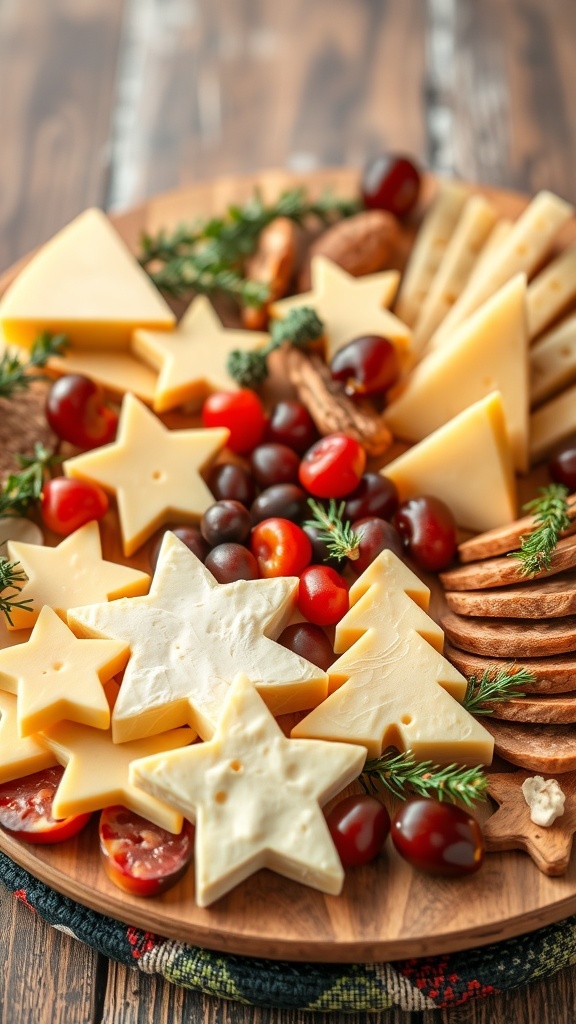 A festive charcuterie board featuring cheese cut into star and Christmas tree shapes, surrounded by grapes, cherry tomatoes, and crackers.