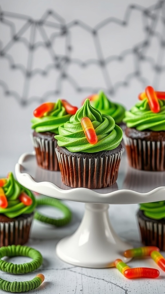 Creepy Crawly Cupcakes with green frosting and gummy worms