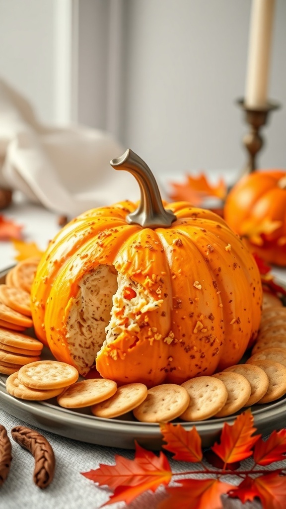 A cheese ball shaped like a pumpkin, surrounded by crackers and autumn leaves.